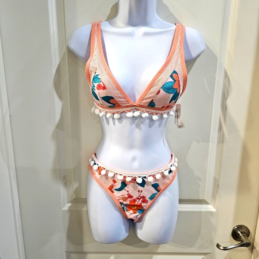 Cupshe ✦ Coral Floral Bikini Set ✦ Pom Pom Trim Adjustable Triangle Top S NWT - Picture 5 of 17